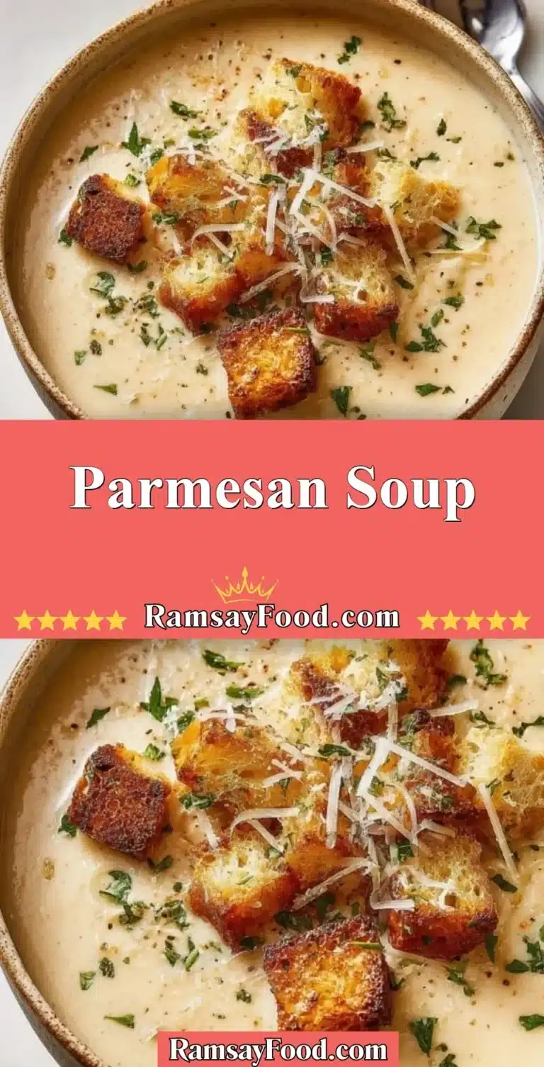 Parmesan Soup 5 Creamy Parmesan Soup in a white bowl garnished with herbs.