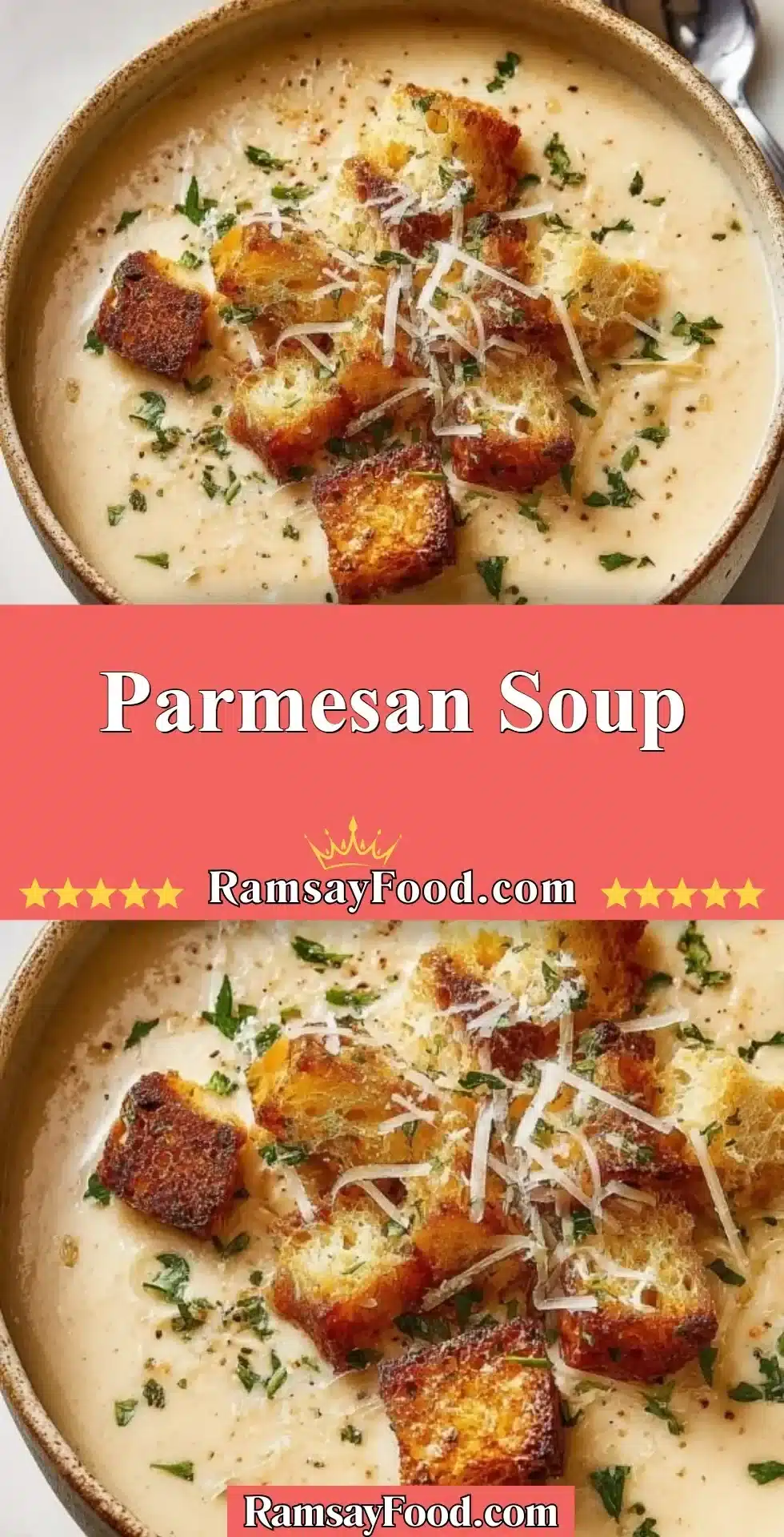 Parmesan Soup 2 Creamy Parmesan Soup in a white bowl garnished with herbs.