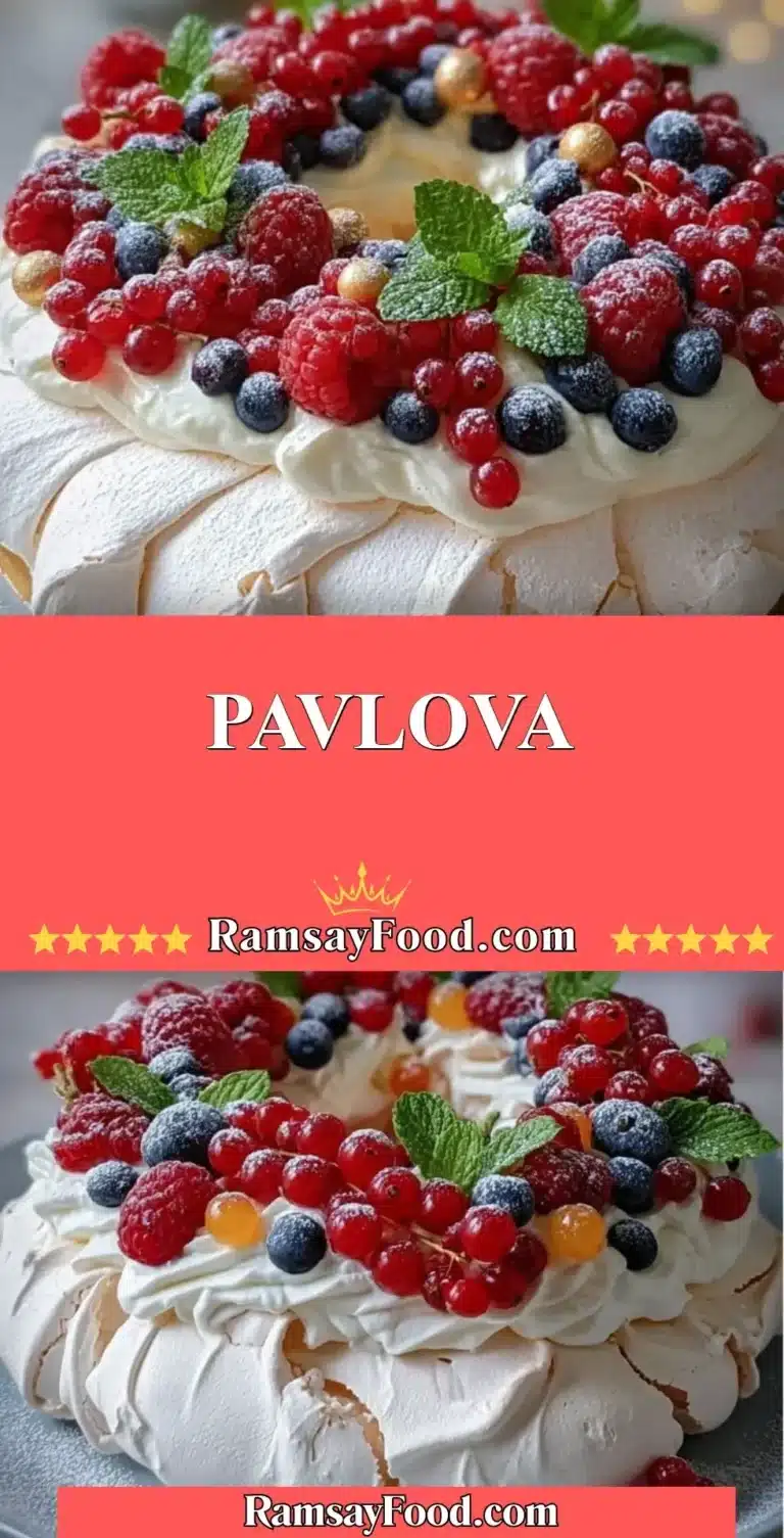 Delicious homemade Pavlova topped with fresh fruits and whipped cream.
