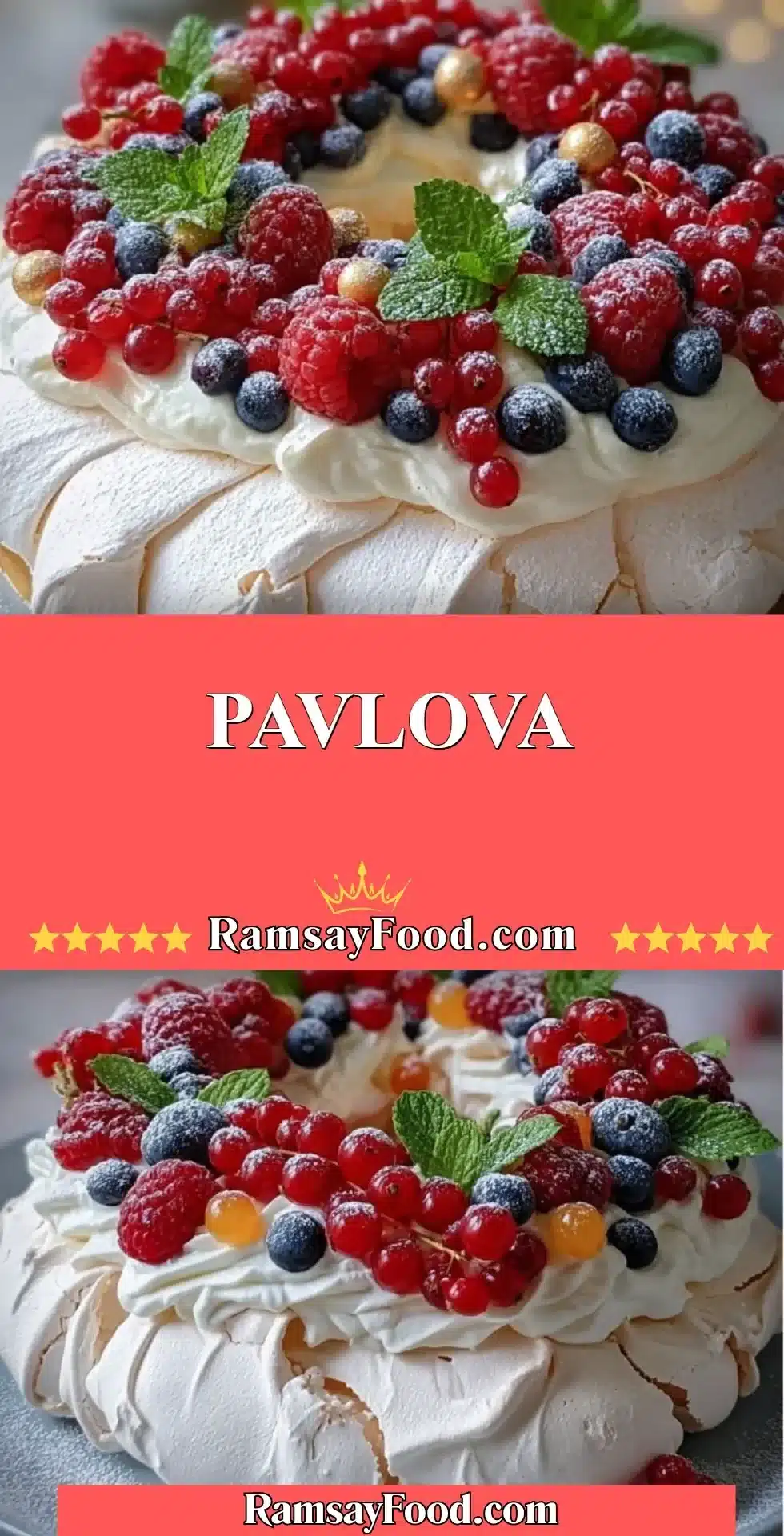 Delicious homemade Pavlova topped with fresh fruits and whipped cream.