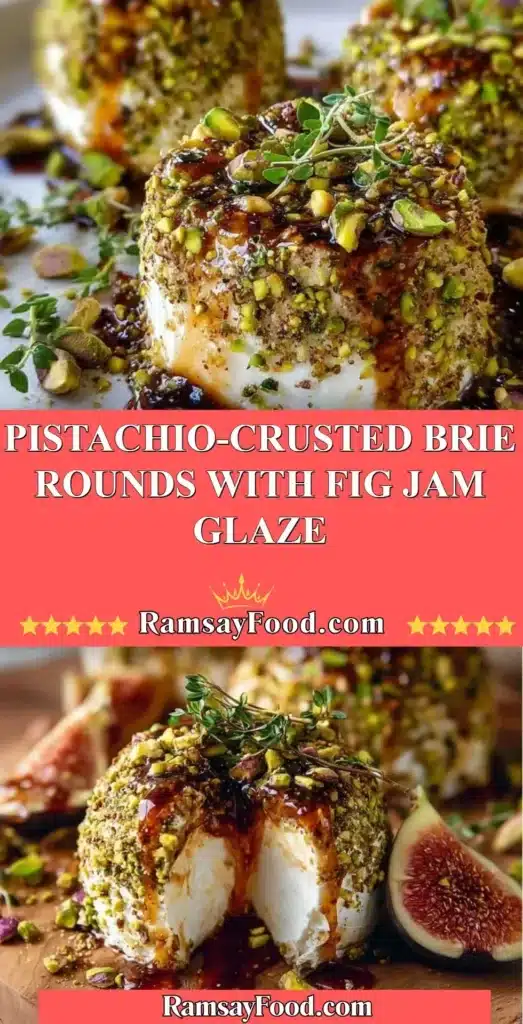 Pistachio-Crusted Brie Rounds with Fig Jam Glaze on a serving platter