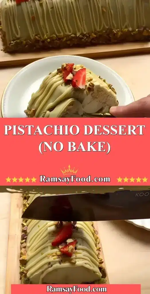 No bake pistachio dessert served in a glass bowl, topped with crushed pistachios.