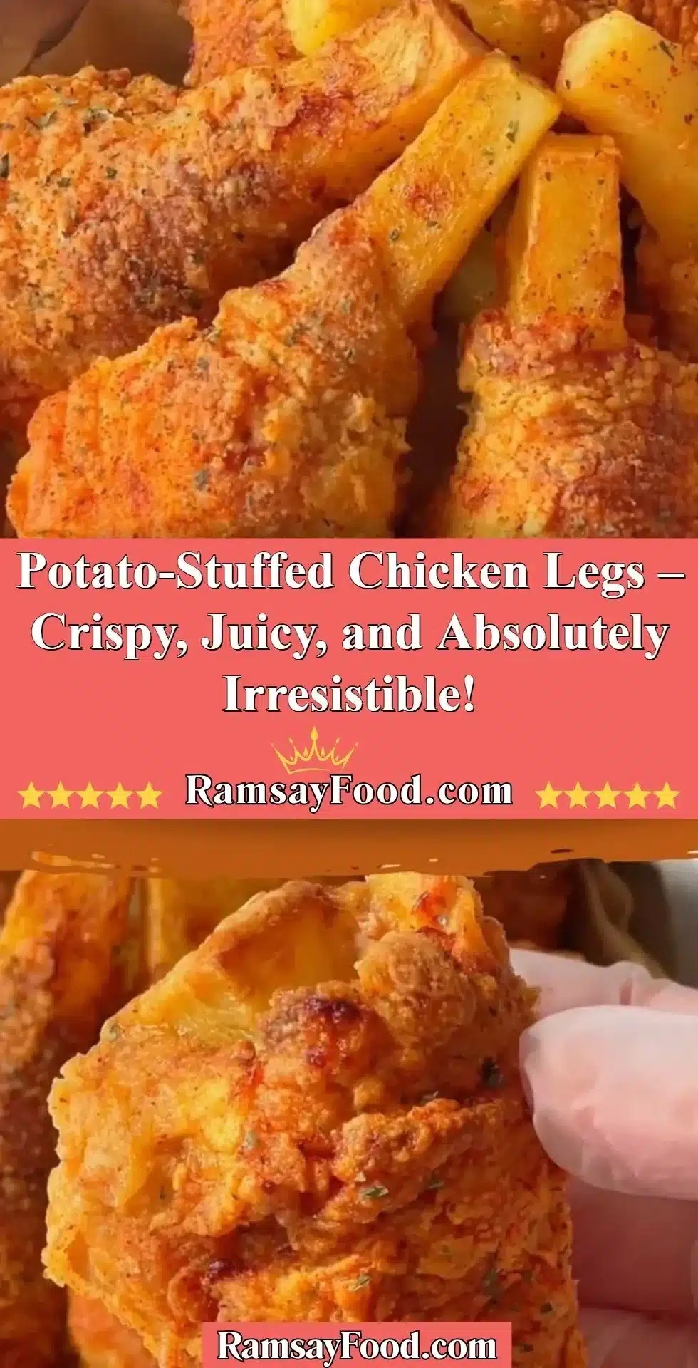 Potato-Stuffed Chicken Legs – Crispy, Juicy, and Absolutely Irresistible! 2 Crispy potato-stuffed chicken legs, golden and delicious, ready to serve.