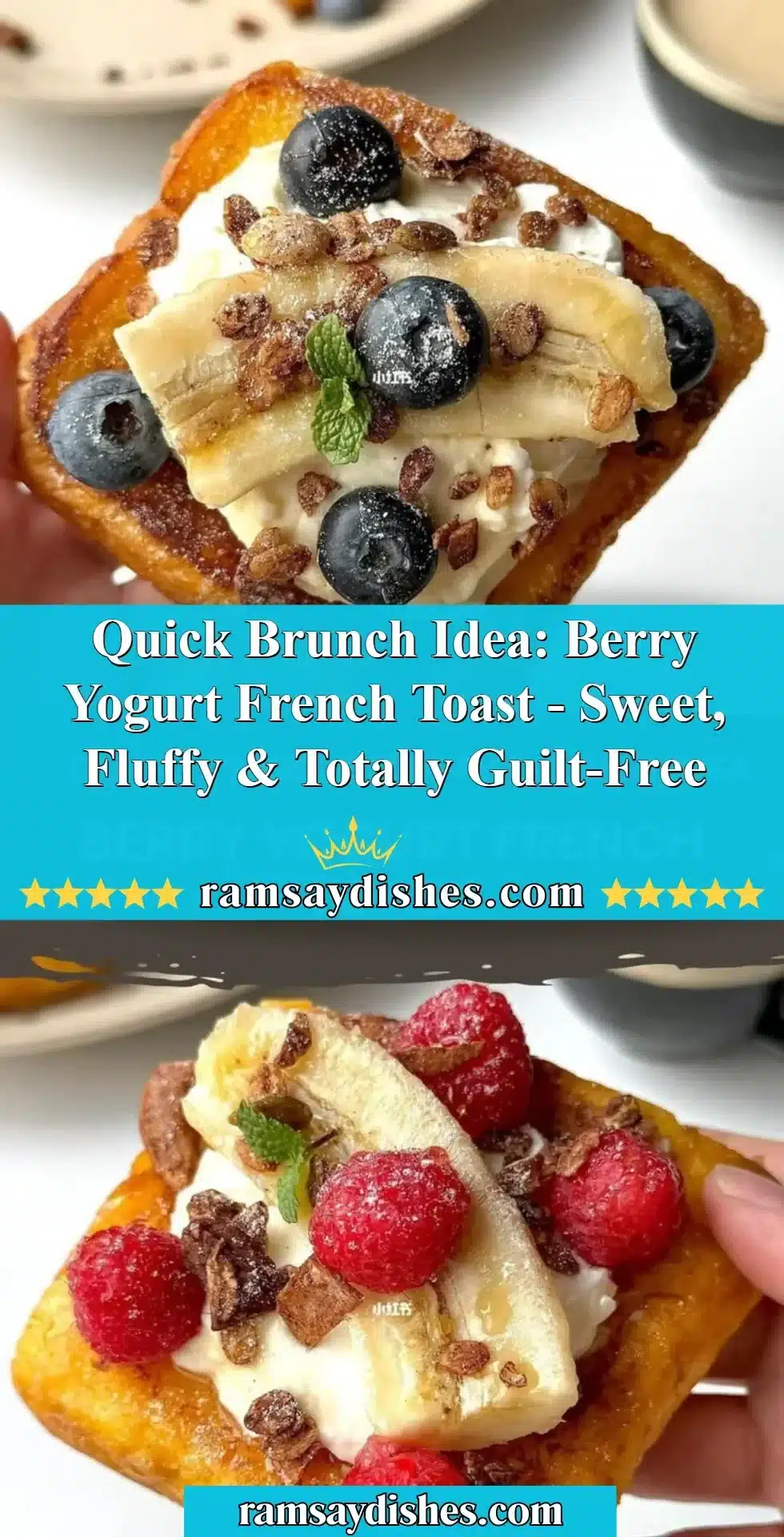 Fluffy berry yogurt French toast topped with fresh berries and yogurt