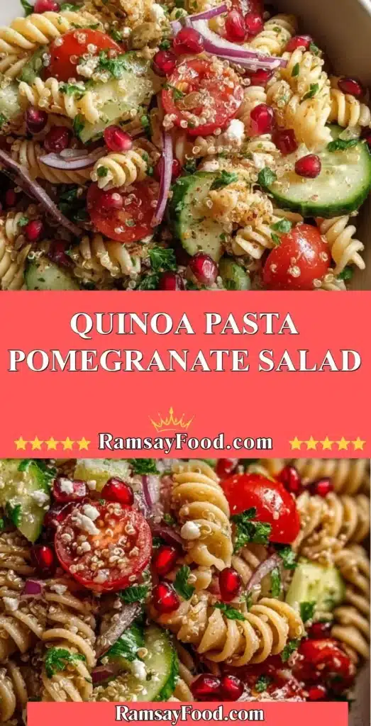 Quinoa pasta salad with pomegranate, herbs, and vibrant vegetables
