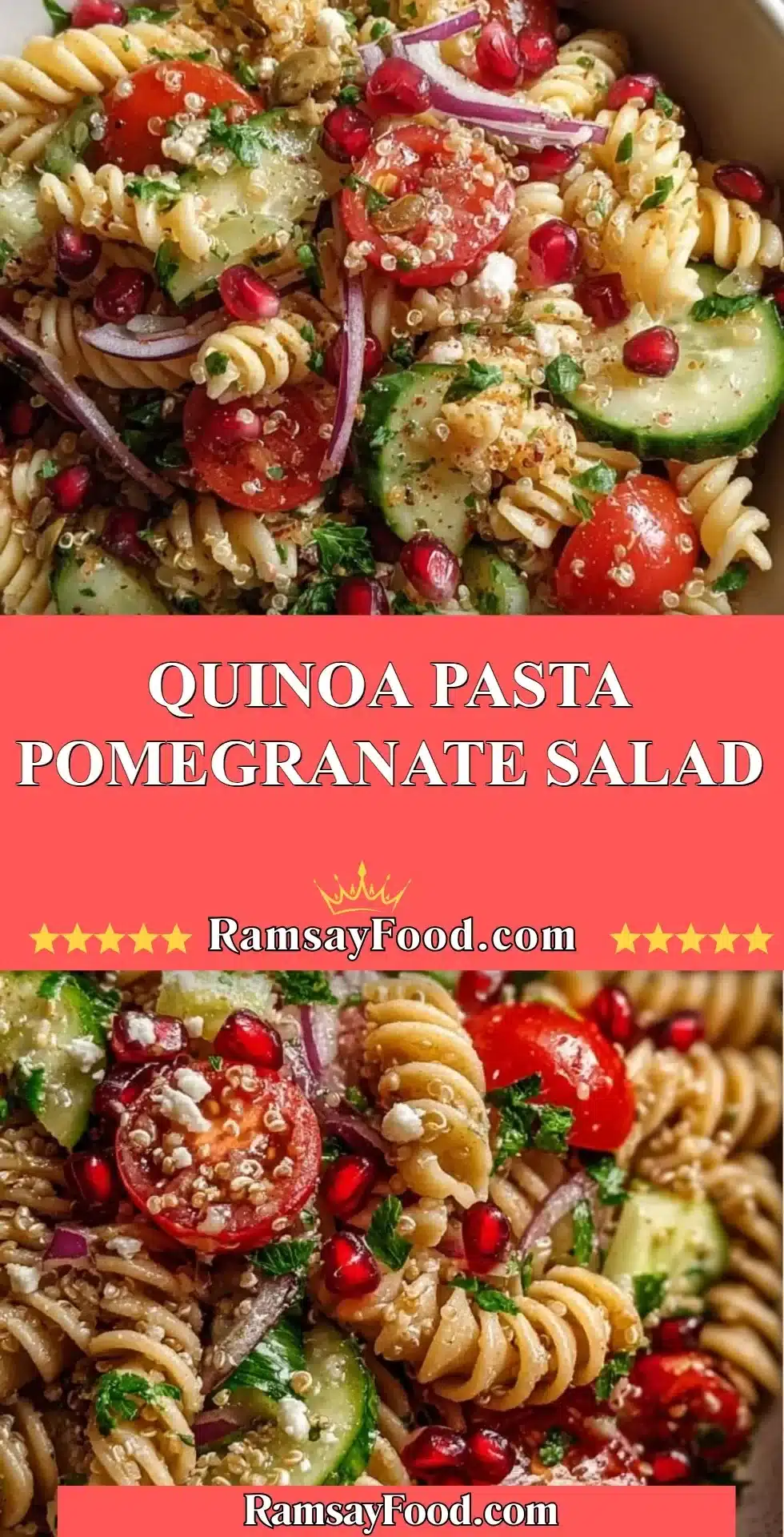 Quinoa Pasta Pomegranate Salad 2 Quinoa pasta salad with pomegranate, herbs, and vibrant vegetables