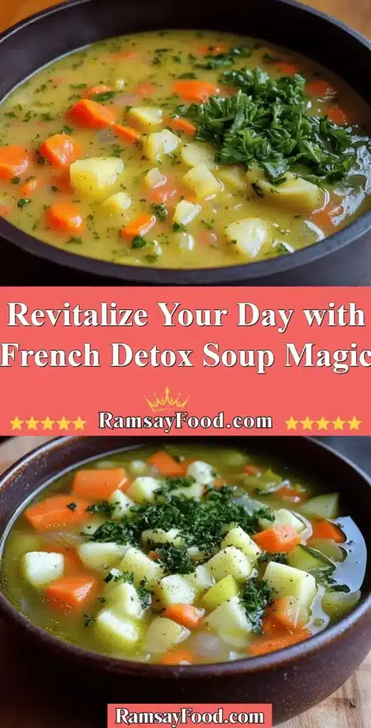 Bowl of vibrant French Detox Soup with fresh vegetables and herbs