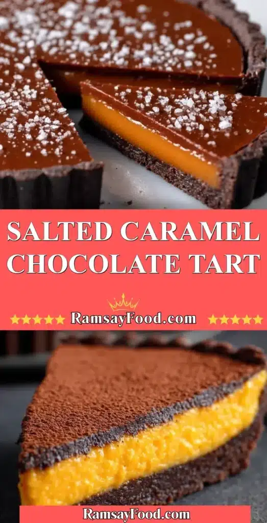 Decadent Salted Caramel Chocolate Tart topped with sea salt and chocolate drizzles.