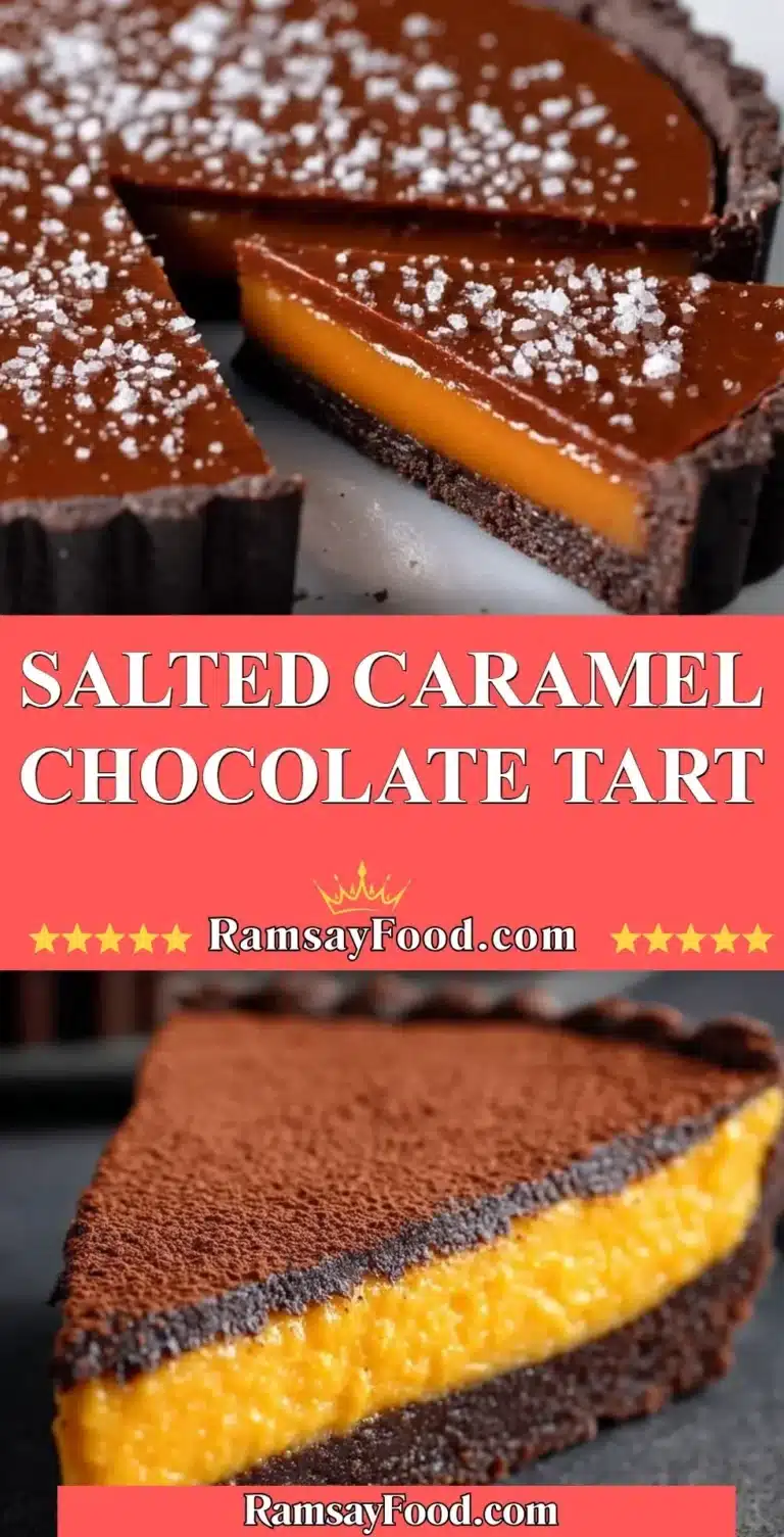 Decadent Salted Caramel Chocolate Tart topped with sea salt and chocolate drizzles.