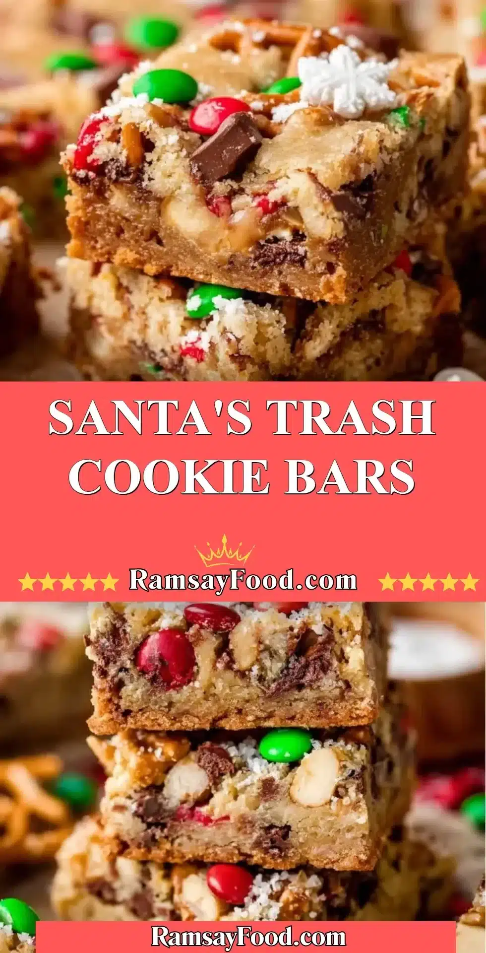 Santa's Trash Cookie Bars 2 A plate of Santa's Trash Cookie Bars with colorful ingredients and festive decor.