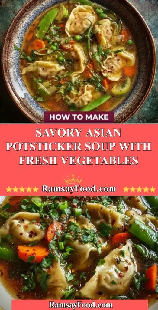Savory Asian potsticker soup with fresh vegetables served in a bowl