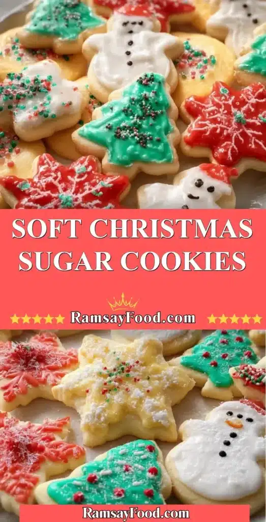 Plate of soft Christmas sugar cookies decorated with icing and sprinkles.