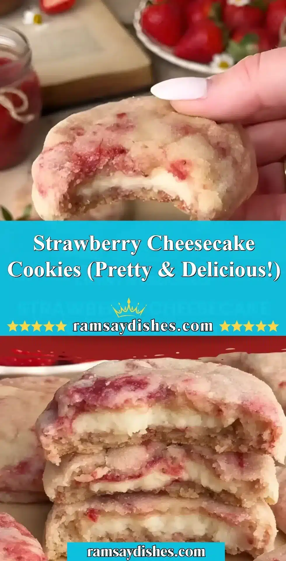 Beautifully baked strawberry cheesecake cookies on a plate.