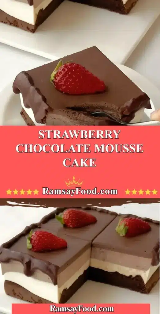 Delicious strawberry chocolate mousse cake topped with fresh strawberries