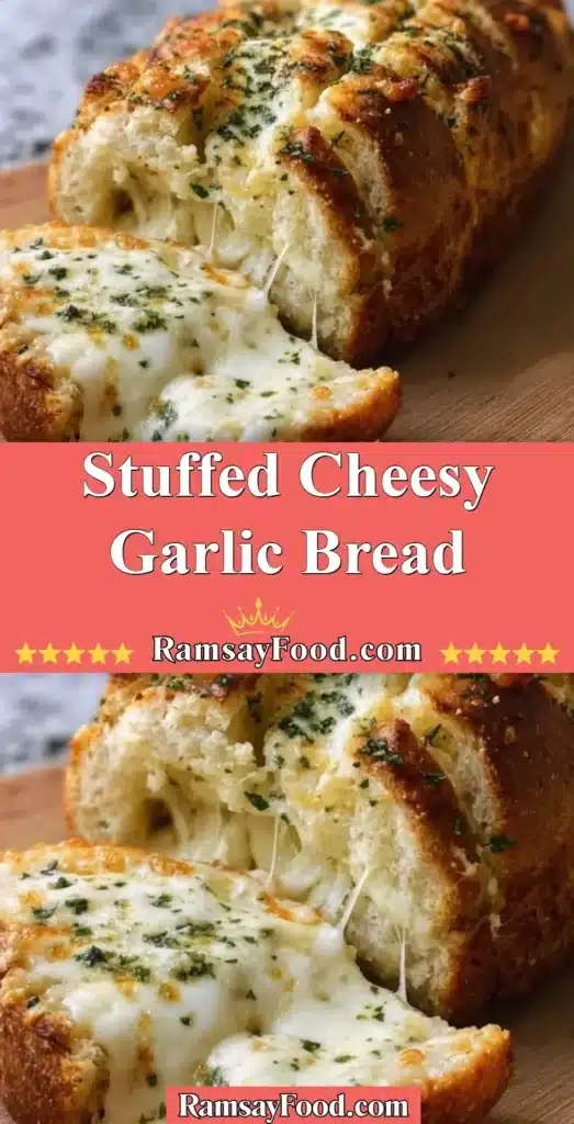 Stuffed cheesy garlic bread with melted cheese and garlic flavor