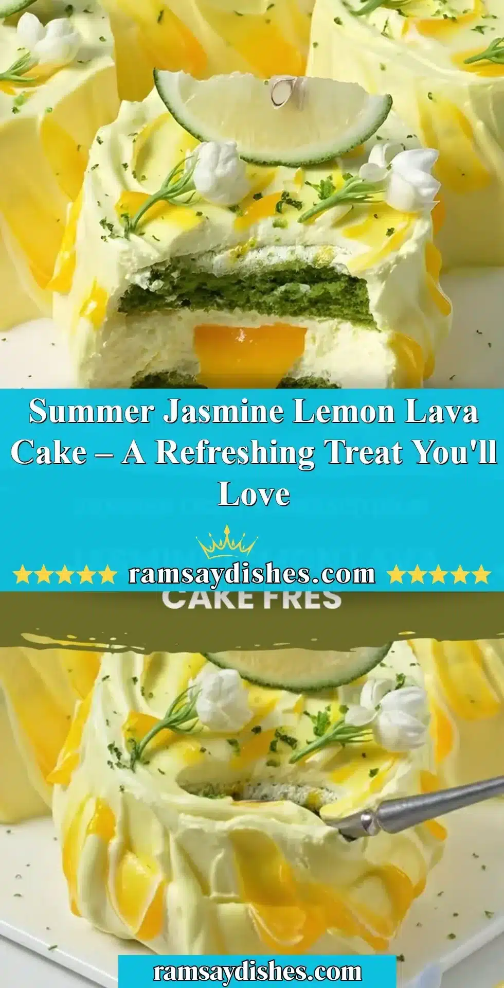 Summer Jasmine Lemon Lava Cake with a gooey lemon center and floral garnishing