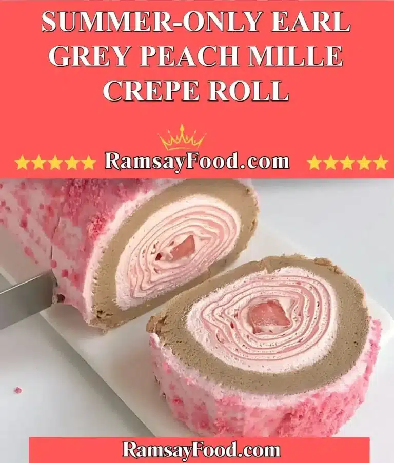 Earl Grey Peach Mille Crepe Roll served on a plate with fresh peaches