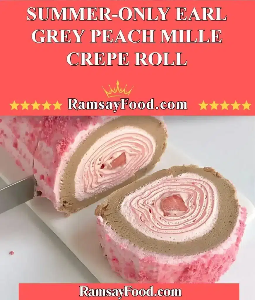 Earl Grey Peach Mille Crepe Roll served on a plate with fresh peaches