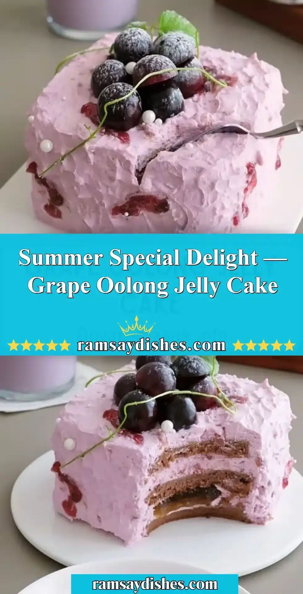 Summer Special Delight — Grape Oolong Jelly Cake 2 Delicious grape oolong jelly cake topped with fresh grapes and served in summer.