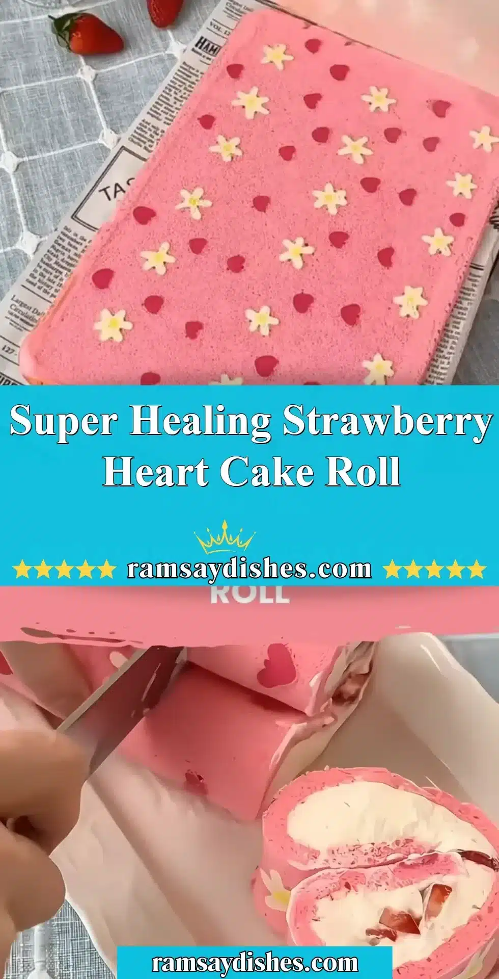 Super Healing Strawberry Heart Cake Roll 2 Super Healing Strawberry Heart Cake Roll decorated with fresh strawberries and whipped cream
