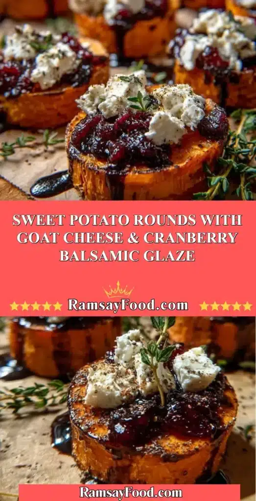 Sweet potato rounds topped with goat cheese and cranberry balsamic glaze