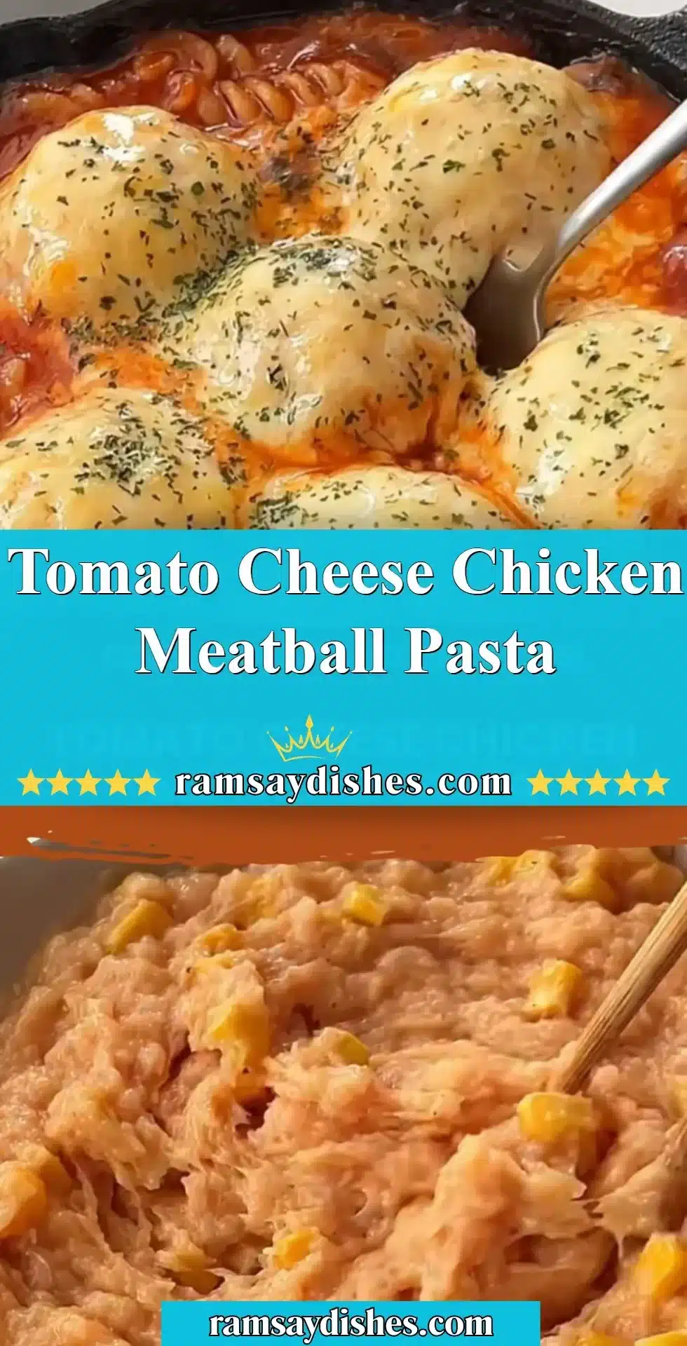 Delicious bowl of tomato cheese chicken meatball pasta garnished with fresh herbs.