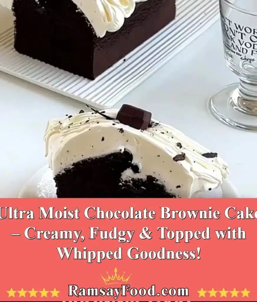Ultra moist chocolate brownie cake topped with creamy whipped goodness