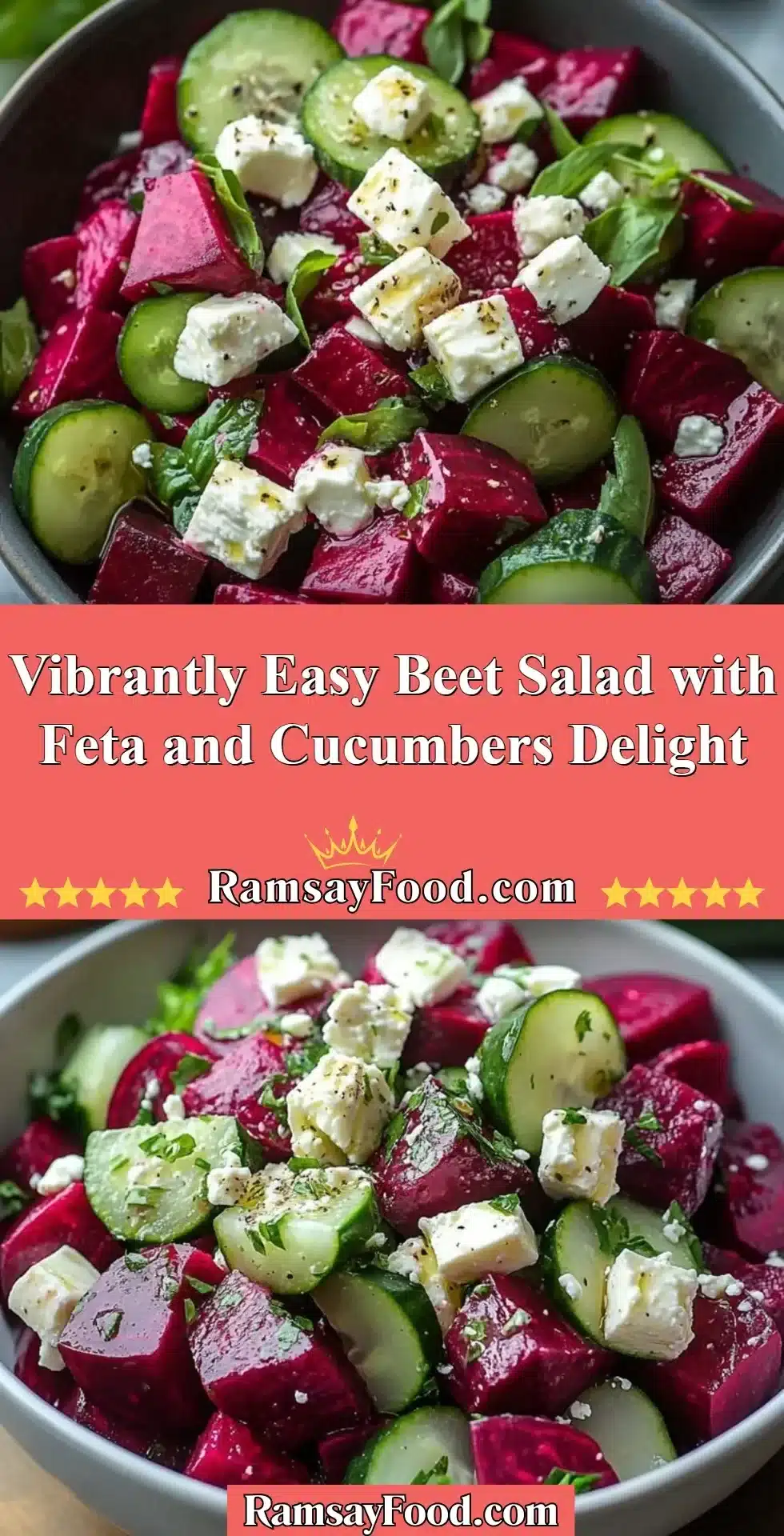 Vibrant beet salad with feta cheese and cucumbers in a colorful bowl
