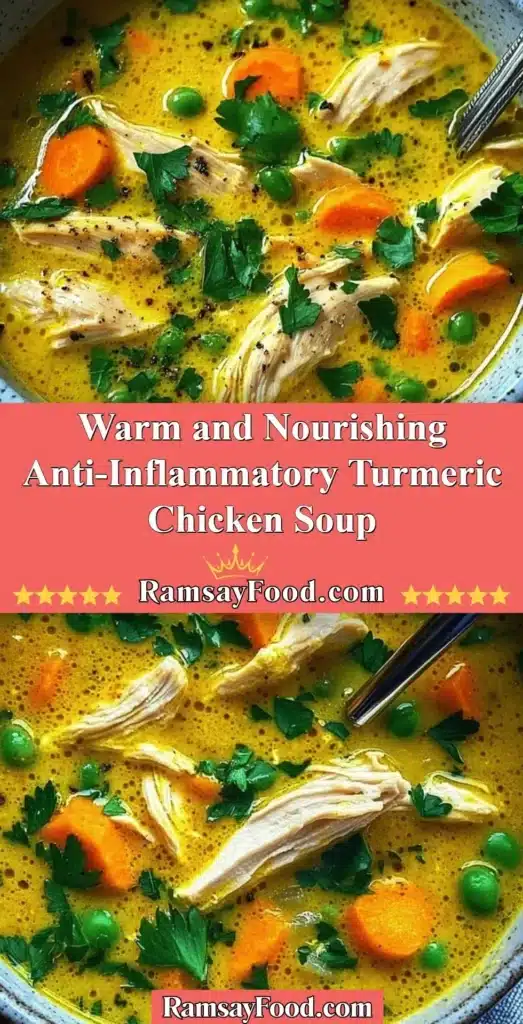 A bowl of warm turmeric chicken soup garnished with herbs and spices