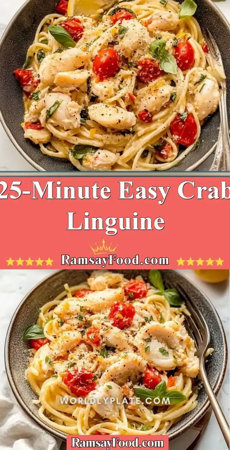 25-Minute Easy Crab Linguine 6 A plate of easy crab linguine garnished with herbs and lemon.