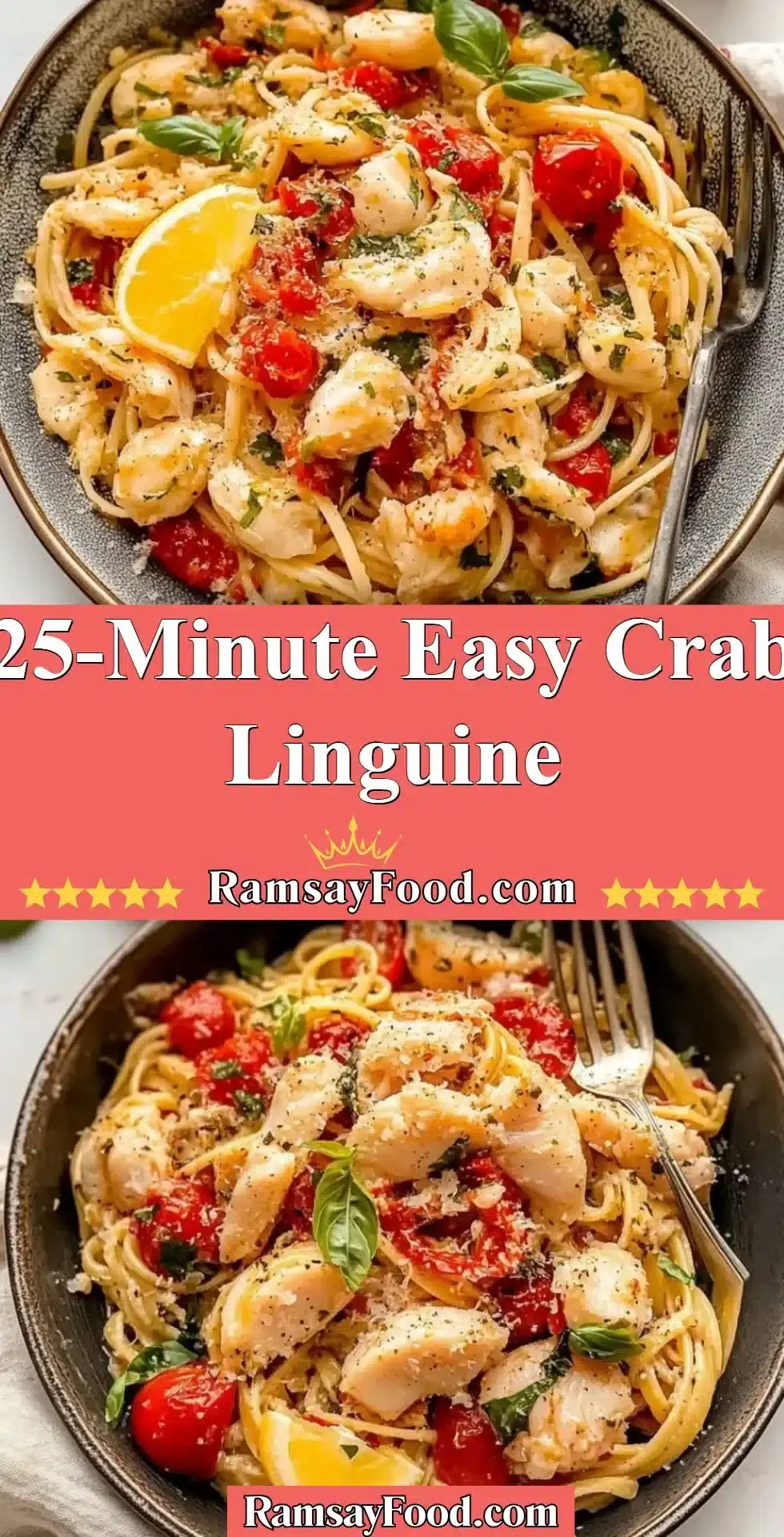 25-minute easy crab linguine dish with fresh crab and pasta.