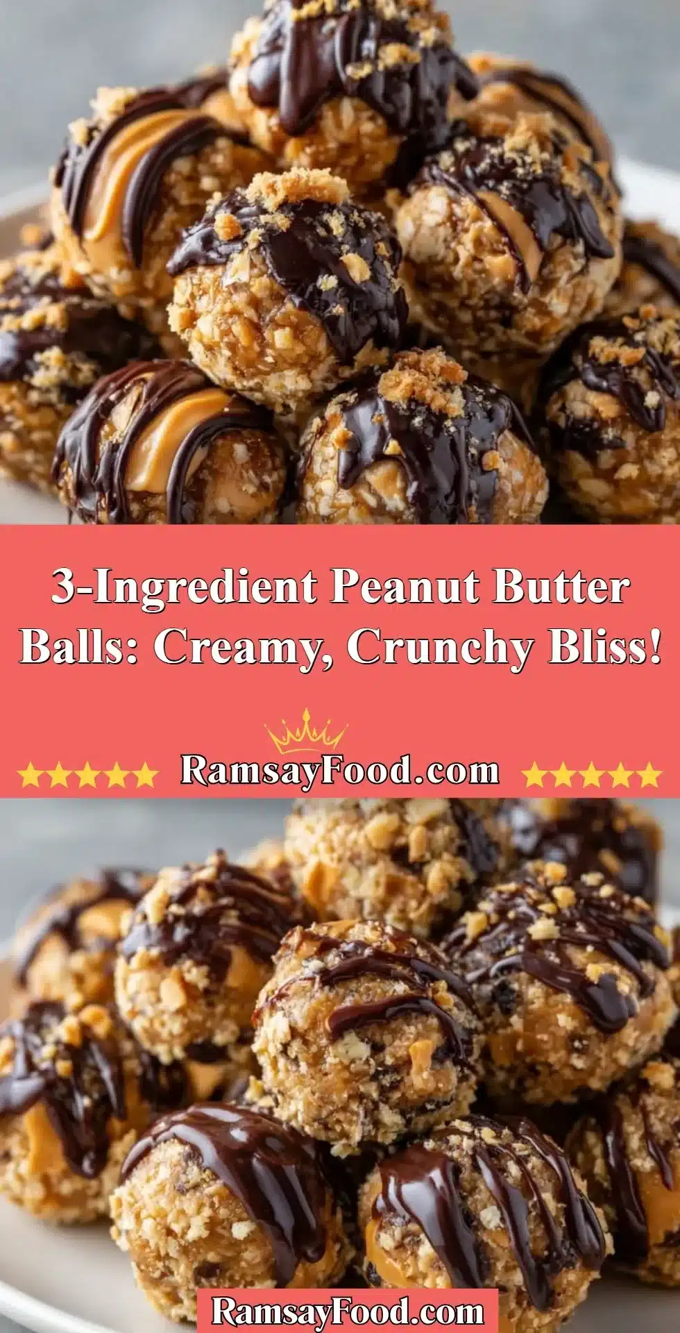 3-Ingredient Peanut Butter Balls: Creamy, Crunchy Bliss! 2 3-Ingredient peanut butter balls on a plate, ready to enjoy.