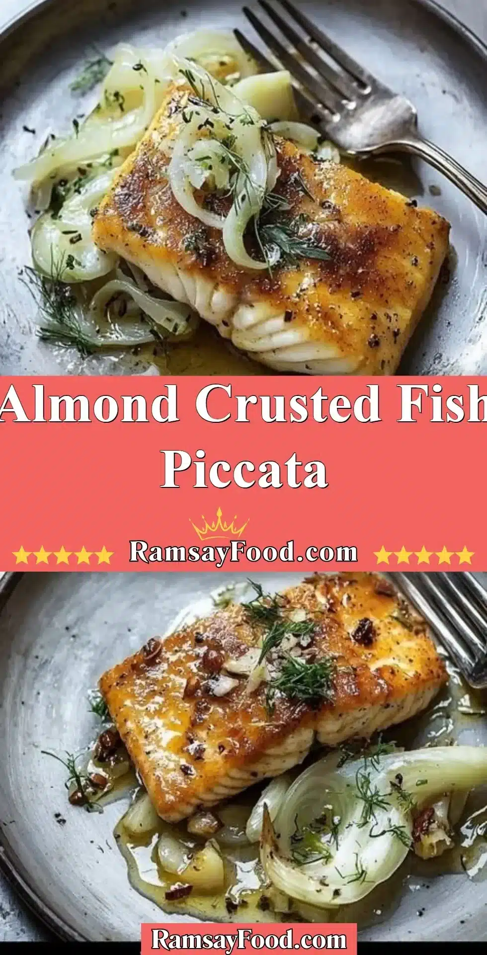 Almond Crusted Fish Piccata served with lemon and capers
