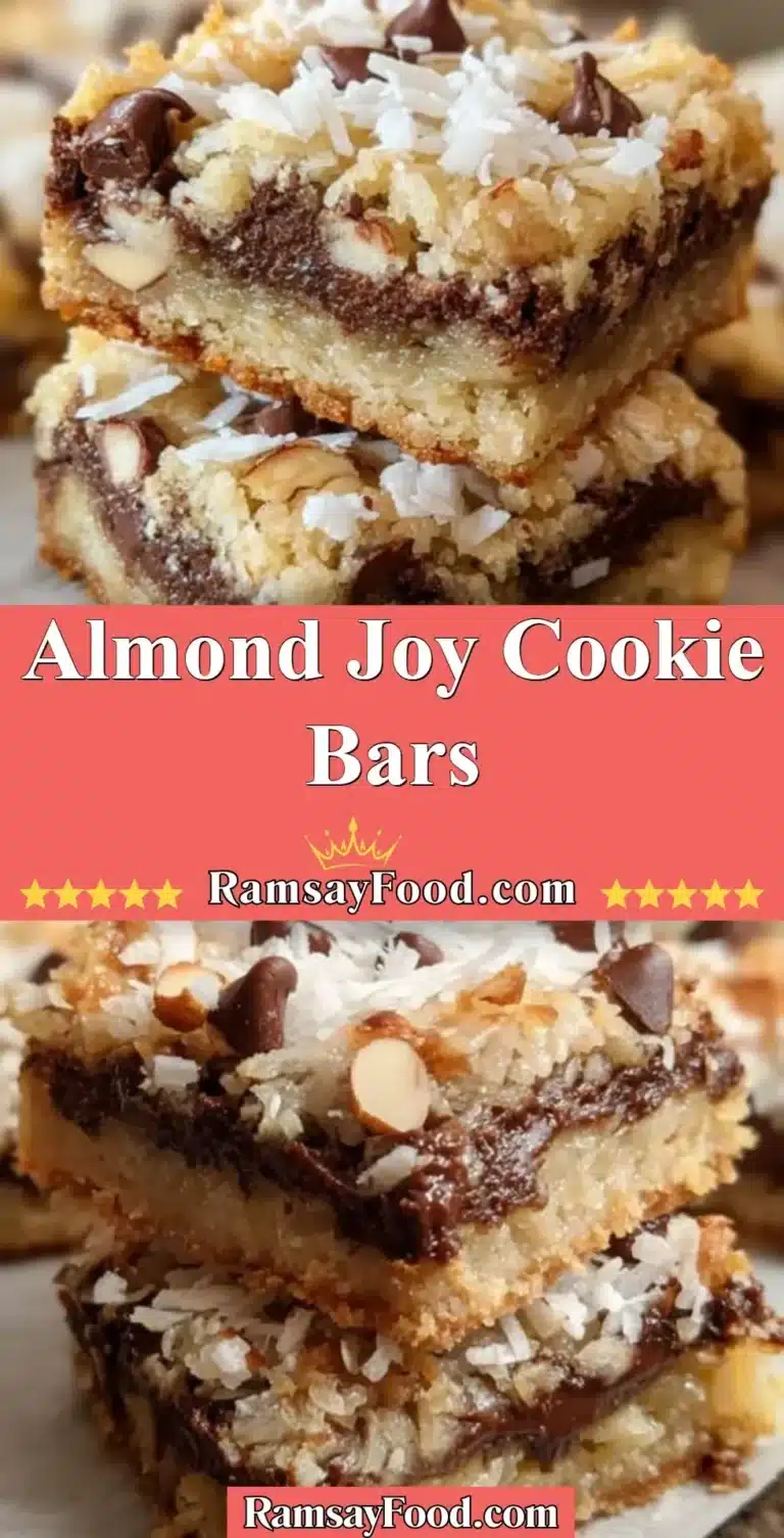 Almond Joy Cookie Bars 9 Delicious Almond Joy Cookie Bars topped with chocolate, coconut, and almonds.