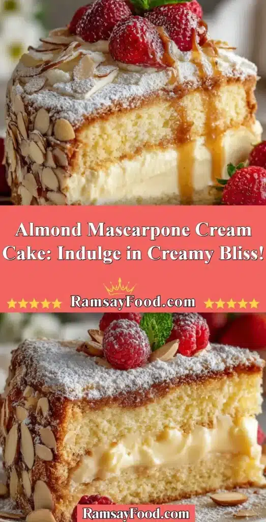 A delicious slice of Almond Mascarpone Cream Cake topped with almonds and mascarpone.