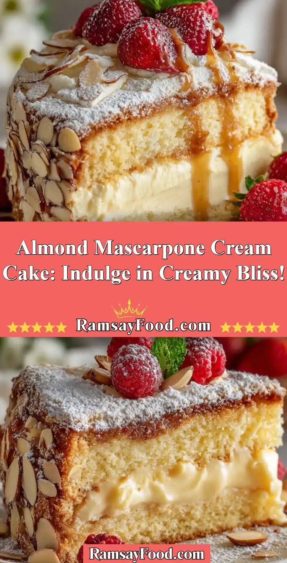 A delicious slice of Almond Mascarpone Cream Cake topped with almonds and mascarpone.
