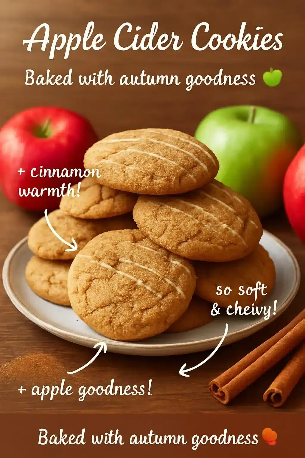 Apple Cider Cookies 2 Freshly baked apple cider cookies on a rustic wooden table