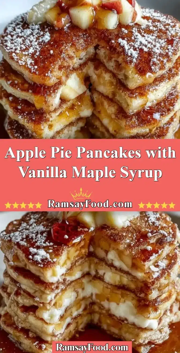 Delicious apple pie pancakes topped with vanilla maple syrup on a plate.