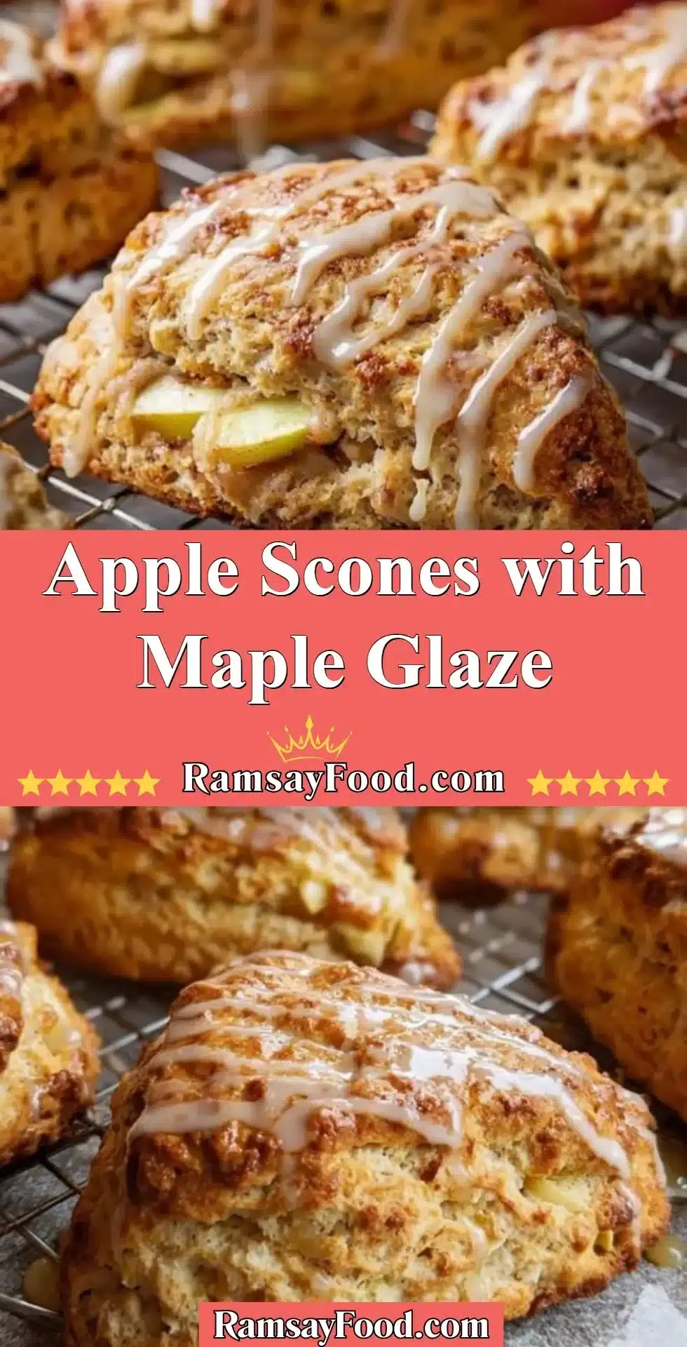 Apple Scones with Maple Glaze 2 Apple scones drizzled with maple glaze on a wooden table