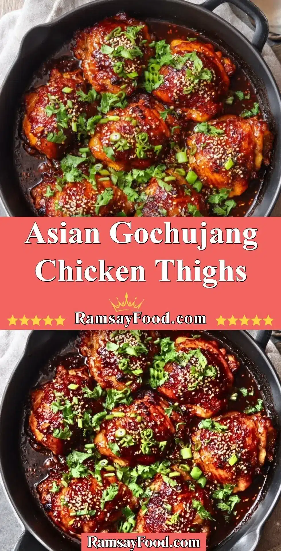 Asian Gochujang Chicken Thighs 2 Delicious Asian Gochujang Chicken Thighs garnished with green onions