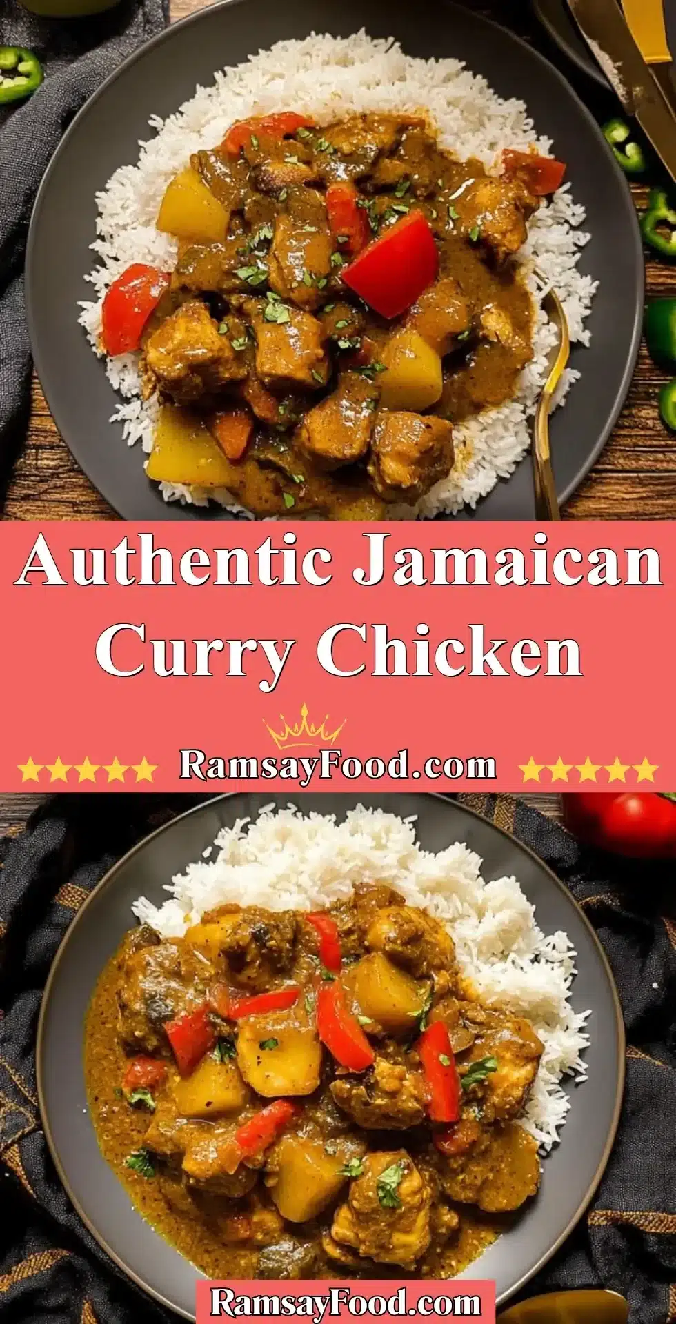 Plate of Authentic Jamaican Curry Chicken garnished with herbs