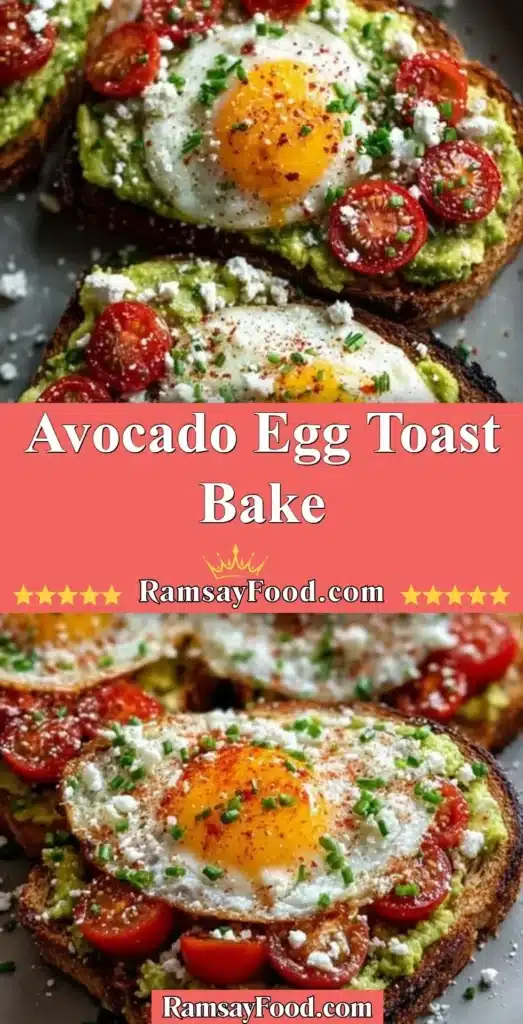 Delicious Avocado Egg Toast Bake topped with fresh avocado and perfectly cooked eggs.
