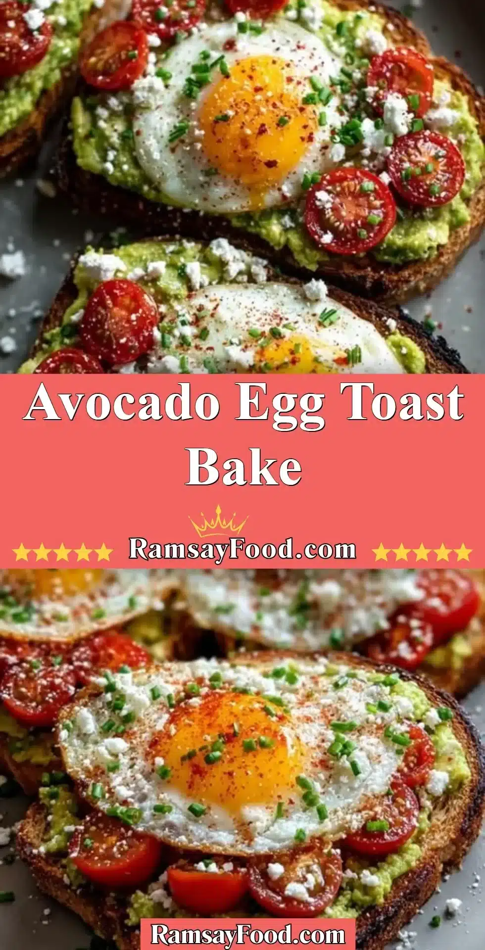 Avocado Egg Toast Bake 2 Delicious Avocado Egg Toast Bake topped with fresh avocado and perfectly cooked eggs.