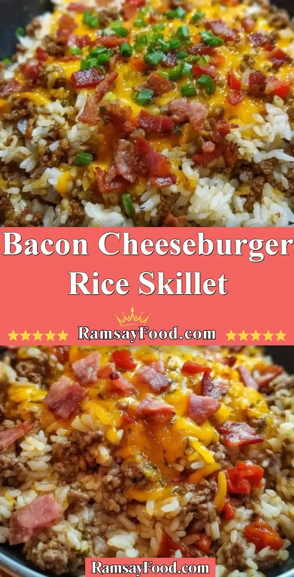 Bacon cheeseburger rice skillet with melted cheese and crispy bacon.