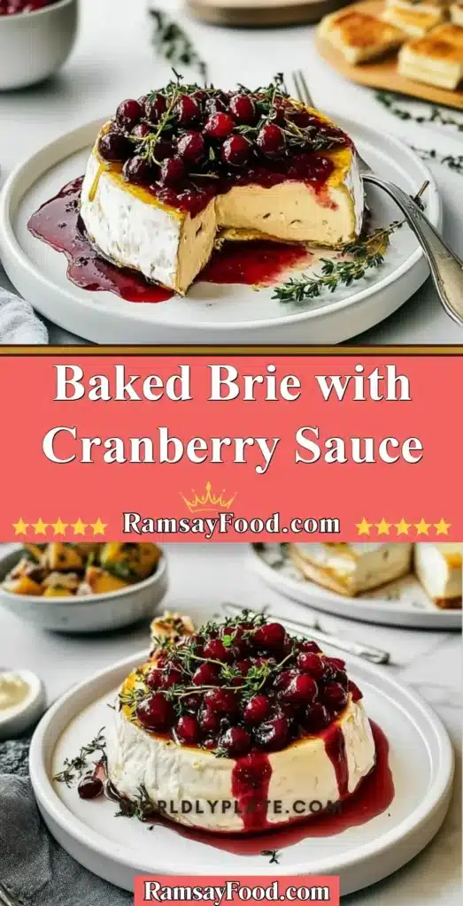 Delicious Baked Brie with Cranberry Sauce served on a wooden board.