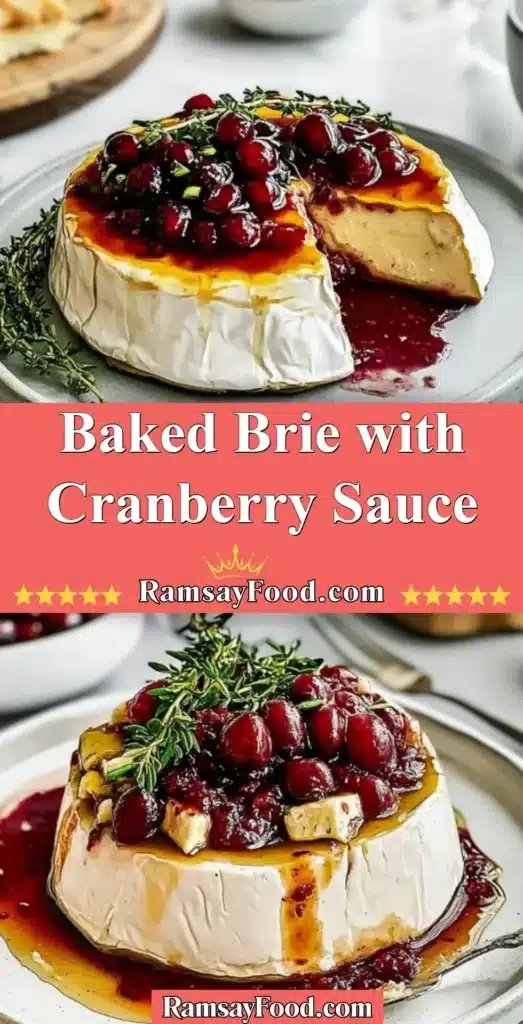 Baked Brie topped with cranberry sauce served with crackers on a rustic wooden board