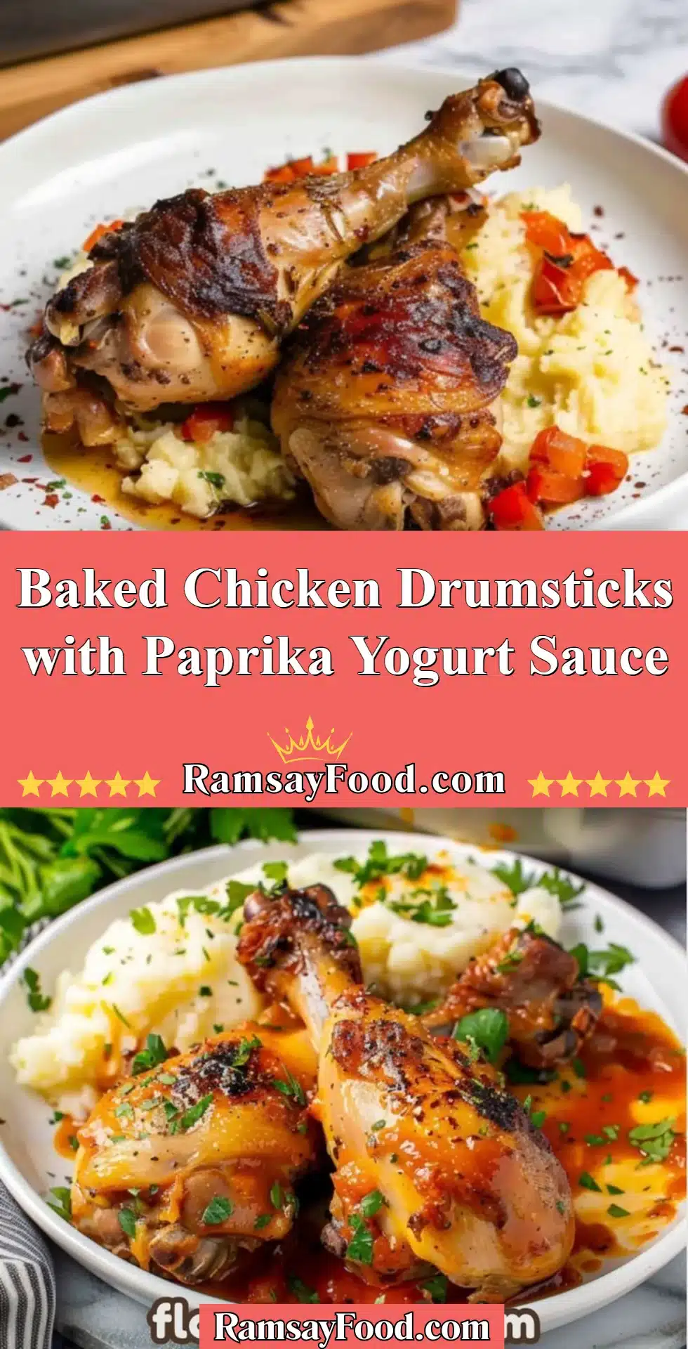 Baked chicken drumsticks with paprika yogurt sauce on a plate