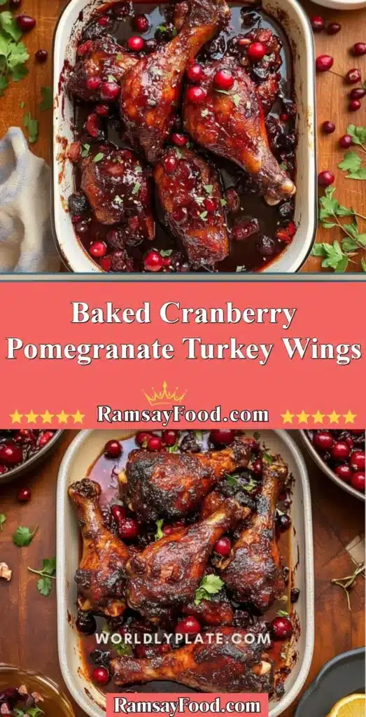 Baked cranberry pomegranate turkey wings served on a festive platter.