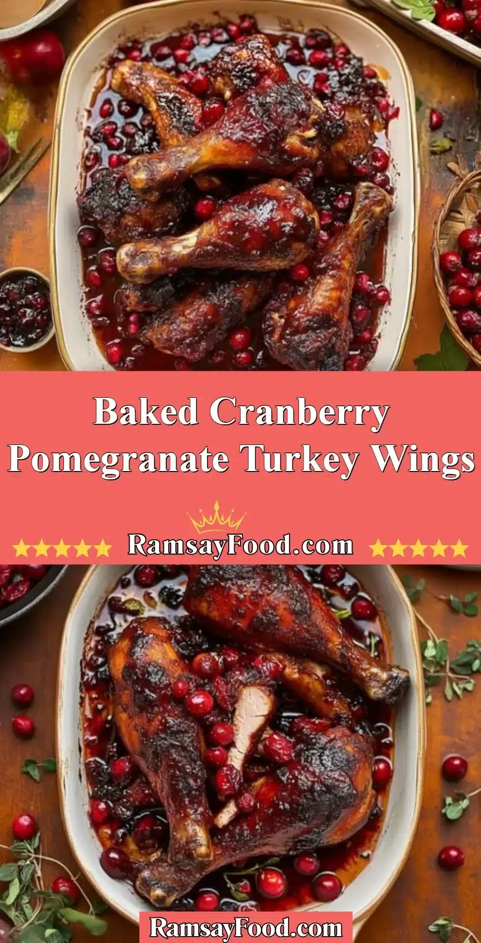 Baked cranberry pomegranate turkey wings served on a festive plate.