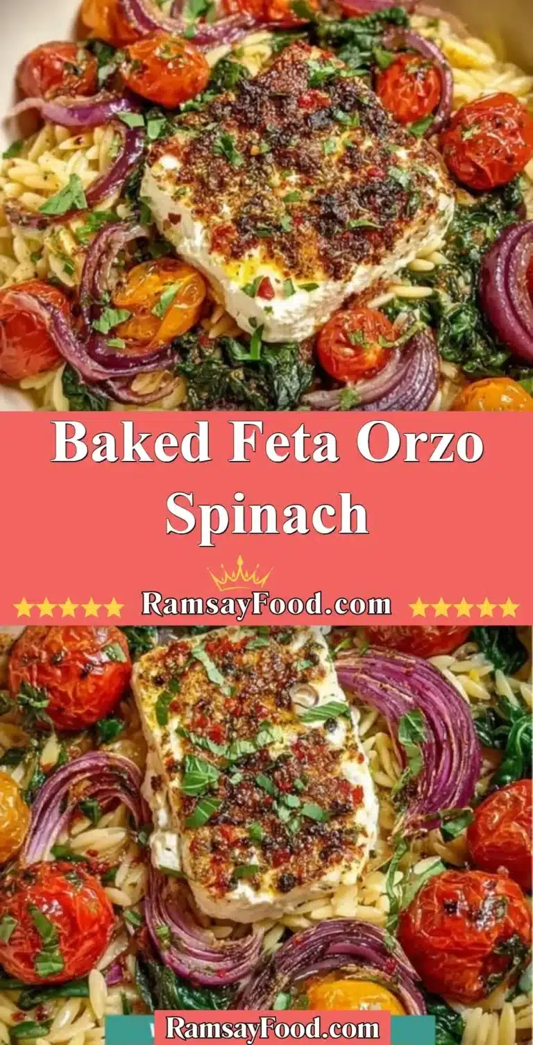 Baked Feta Orzo Spinach 6 Baked feta orzo with spinach in a creamy sauce garnished with herbs